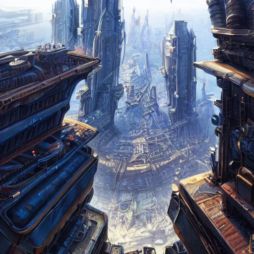 Prompt: First person point of view shot of a young man crouching on the ledge of a tall building peering at an advanced high tech Sci fi bustling steampunk city with flying air ships over it and tall glass buildings located in a sand desert, bright sunny day blue sky, digital painting, artstation, matte painting, highly detailed, intricate, concept art, game art, octane render, 8k, unreal engine