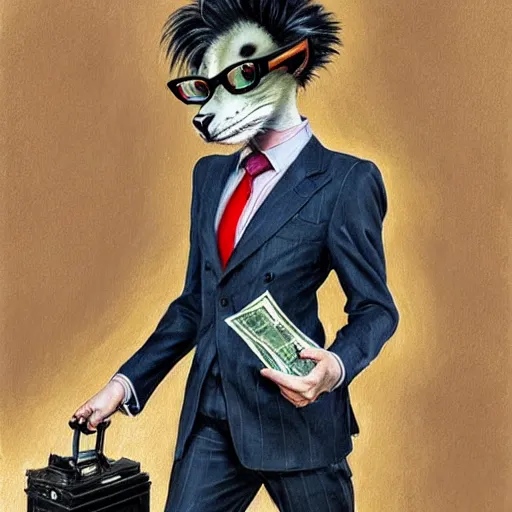 Prompt: sophisticated business cat in a humanoid form wearing a suit walking to work with a money case in hand, full body, 80s London city, digital painting, baroque, sc-fi, realistic, hyperdetailed, chiascuro, concept art, art by art by Franz Hals and Jon Foster and Ayami Kojima and Amano and Karol Bak