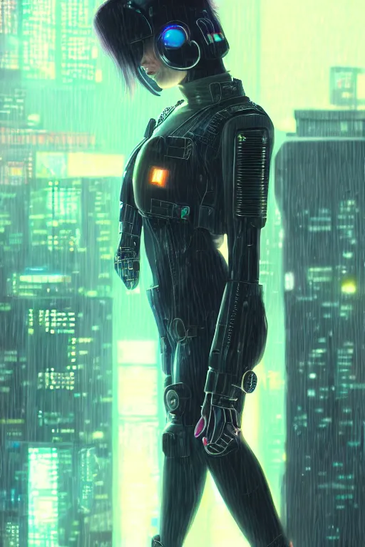 Image similar to portrait futuristic beautiful cyberpunk female weaponed police, in heavy rainning futuristic tokyo rooftop cyberpunk night, ssci-fi, fantasy, intricate, very very beautiful, elegant, neon light, highly detailed, digital painting, artstation, concept art, soft light, hdri, smooth, sharp focus, illustration, art by tian zi and craig mullins and WLOP and alphonse mucha