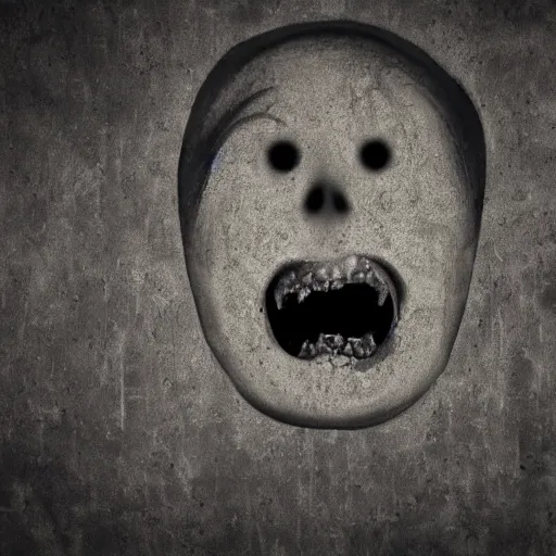 Image similar to dark wall shaped with multiple screaming faces of ghosts trapped inside it. photoreal. unreal render. cinematic. ominous shapes. haunted