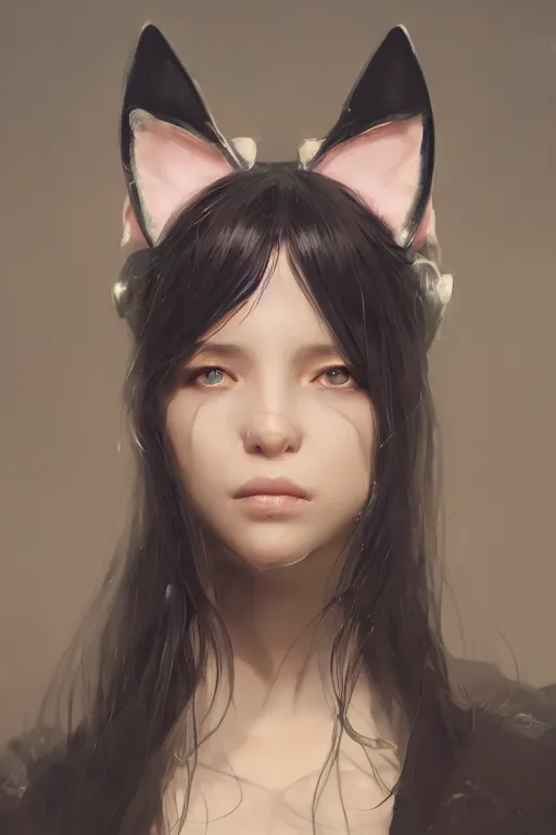 Image similar to A fancy portrait of an attractive women with cat ears by Greg Rutkowski, beeple, Sung Choi, Mitchell Mohrhauser, Maciej Kuciara, Johnson Ting, Maxim Verehin, Peter Konig, final fantasy, macro lens , 8k photorealistic, cinematic lighting, HD, high details, dramatic, dark atmosphere, trending on artstation