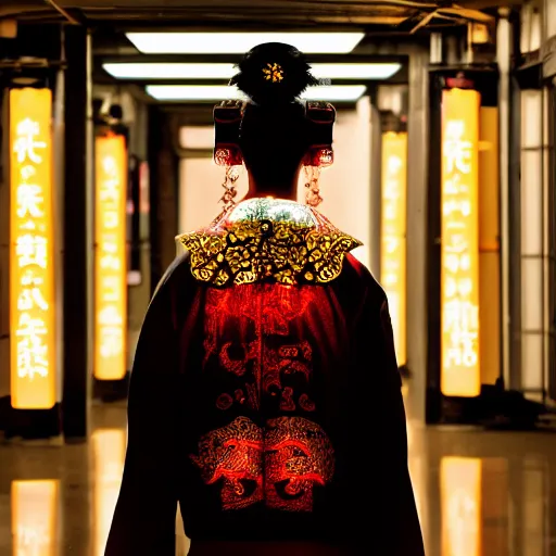 Image similar to a dark, back lit, silhouette of a mechanised cyber geisha, beautiful, detailed intricate traditional clothing, neon light halo, standing in font of a dark corridor,