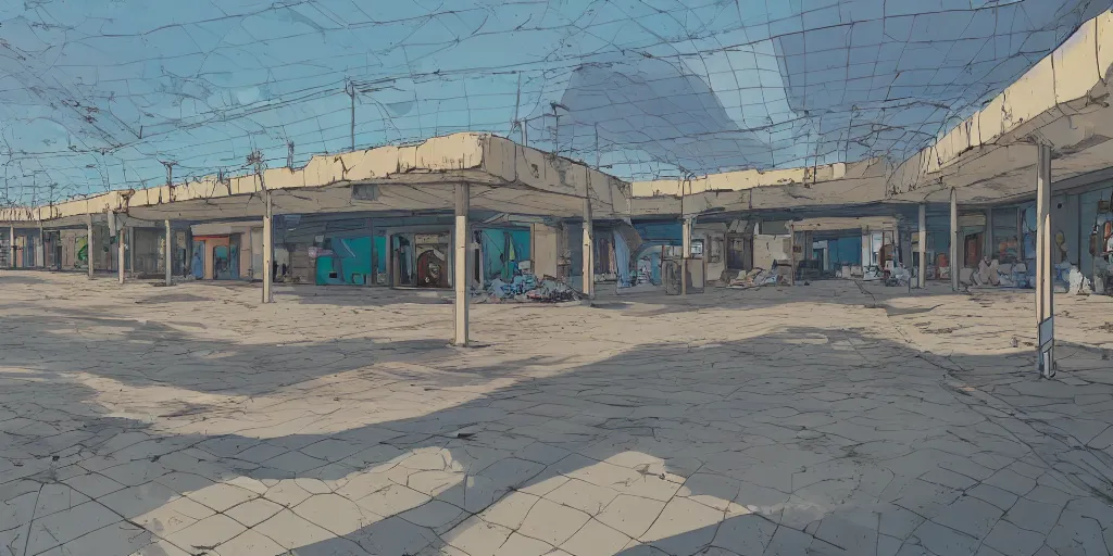 Image similar to an old and abadoned israeli bus station in tel aviv, without people, noon, sunlights, wide shot, digital art, ghibli style, makoto shinkai, flat colors