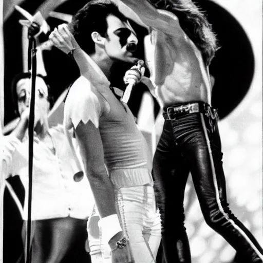 Image similar to freddy mercury singing on stage with 1 9 8 4 david lee roth. still photo by annie liebowitz.