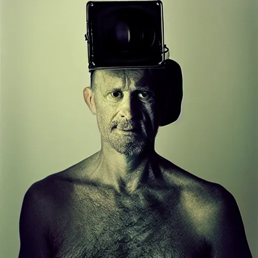 Image similar to portrait of camera - human hybrid, by annie leibovitz, portrait of a man, studio lighting