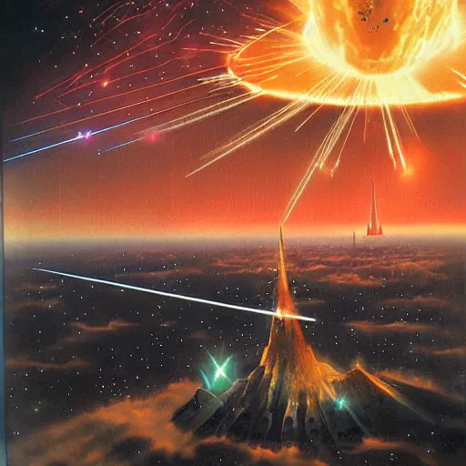 Image similar to spires made of laser energy shooting down from the heavens bursting the ground by les edwards