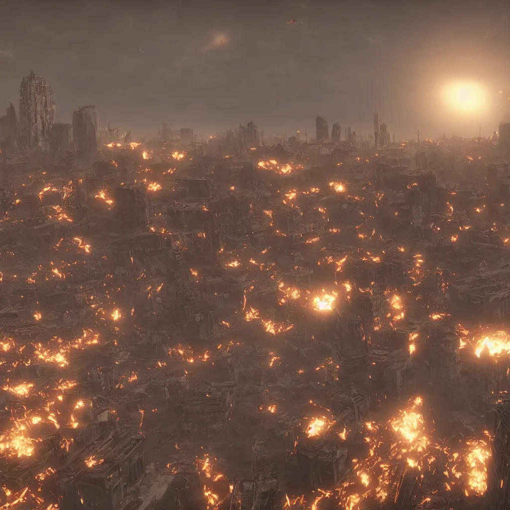 Image similar to a highly detailed atomic bomb detonated above the city, 8 k, chaotic atmopshere, unreal engine, cinematic, touching, very detailed