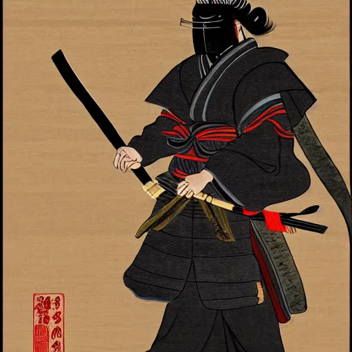 Prompt: joe biden dressed as a samurai in an edo period japanese ink block painting, 4 k, hyper realistic, dslr, high resolution, landscape, beautiful