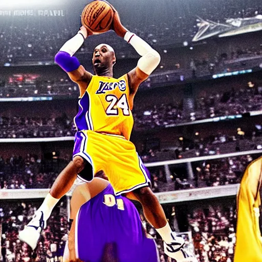 Prompt: a realism of Kobe Bryant shooting on the basketball court in the 2010 Finals