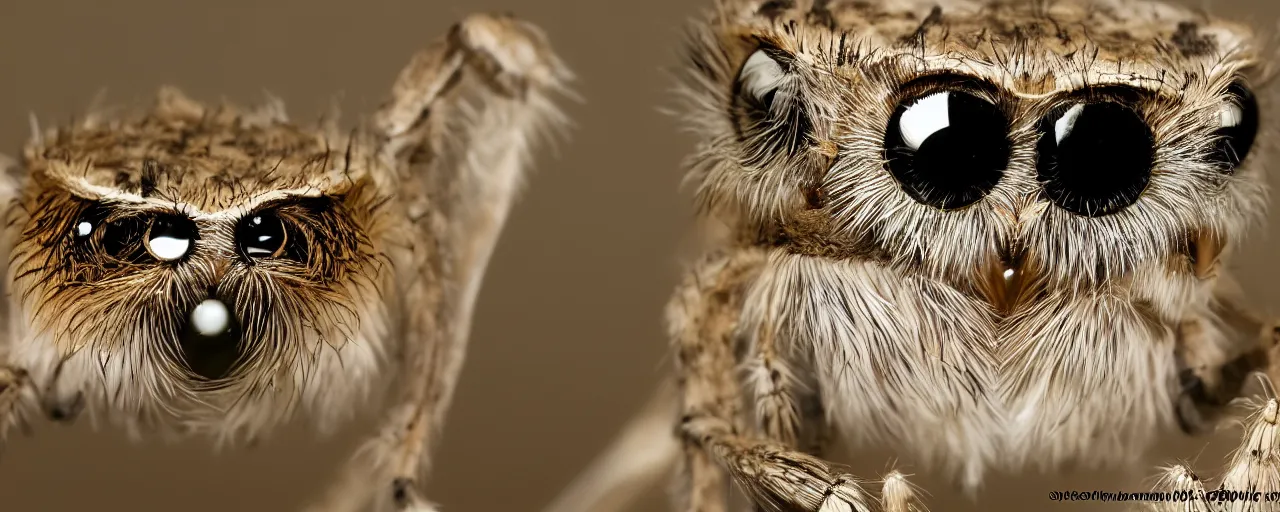 Prompt: a jumping spider mixed with an owl, hybrid creature, by Stanley Kubric, anamorphic lens, macro shot, bokeh, kodak color film stock, realistic, hyper detailed