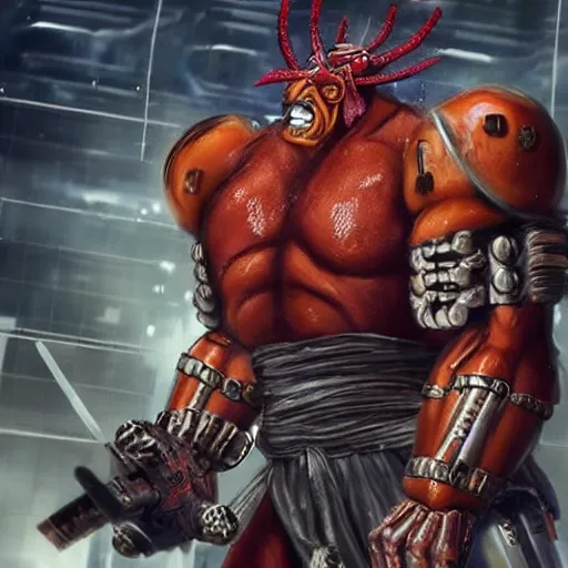 Image similar to very buff very huge very muscolar excessively big buff samurai wearing a scary Oni mask. Cybernetic cyber cybernetic cyber cyberpunk. Sci-fi movie still