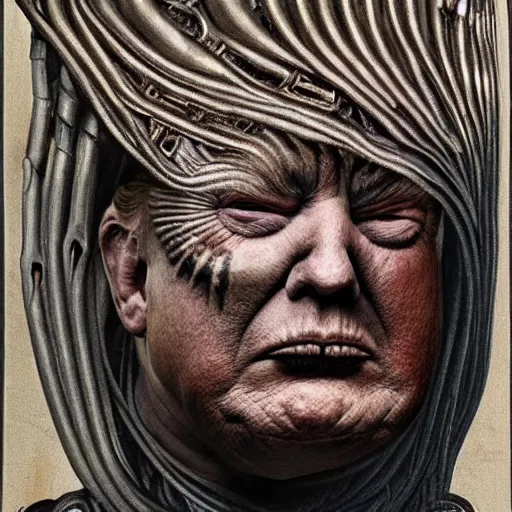 Image similar to Portrait by H.R.Giger of Trump Abomination, photo-realistic, 2K, highly detailed