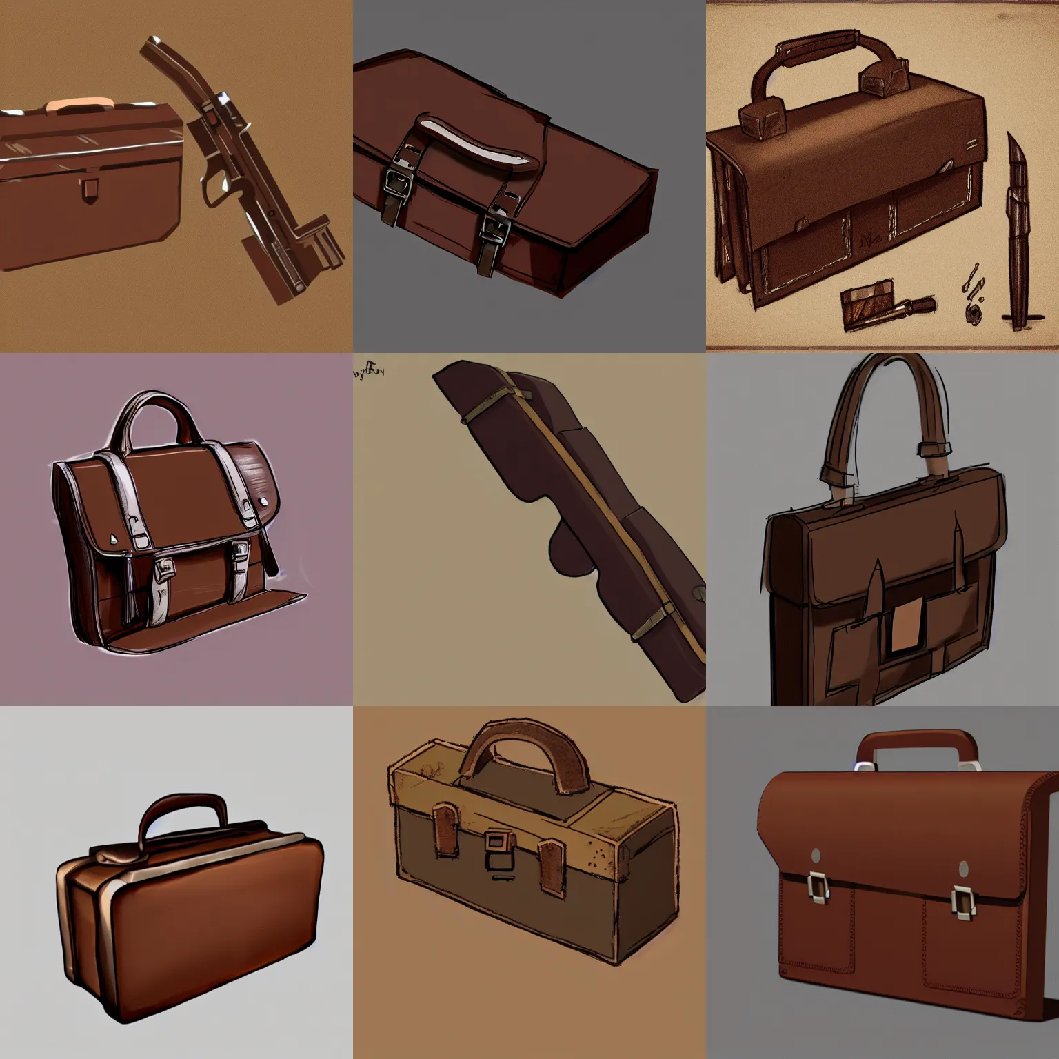Prompt: a brown briefcase that is also a weapon, concept art