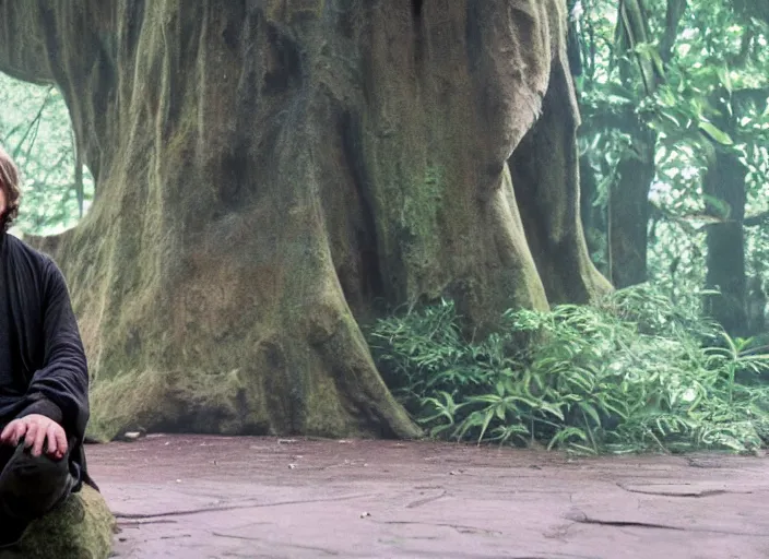 Prompt: screenshot portrait of luke skywalker at the reopening of the new jedi temple school deep within jungle. serene portrait of Mark Hammill, meditating, Photographed with Leica Summilux-M 24 mm lens, ISO 100, f/8, Kodak, Portra 400, 1988