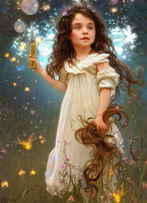 Image similar to A cute little girl with shoulder length curly brown hair with a happy expression wearing a summer dress dancing with fireflies, she is in the distance. beautiful fantasy art by By Artgerm and Greg Rutkowski and Alphonse Mucha, trending on artstation.