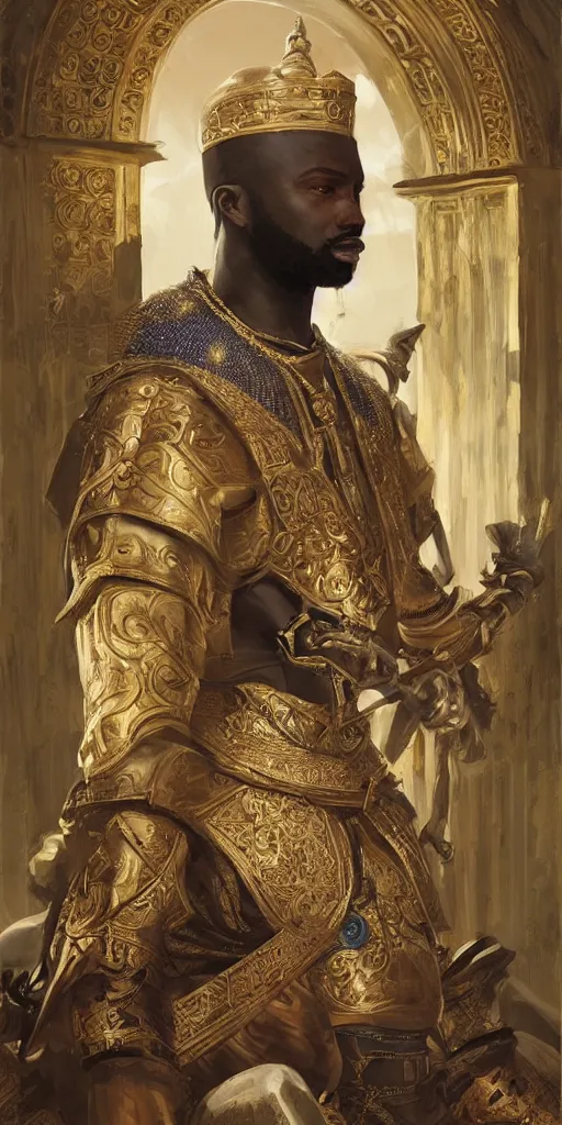 Prompt: a stunning and noble highly detailed romantic period style portrait of Mansa Musa by Josep Tapiró Baró and Greg Rutkowski, trending on artstation, oil painting masterpiece, symmetry, African iconography