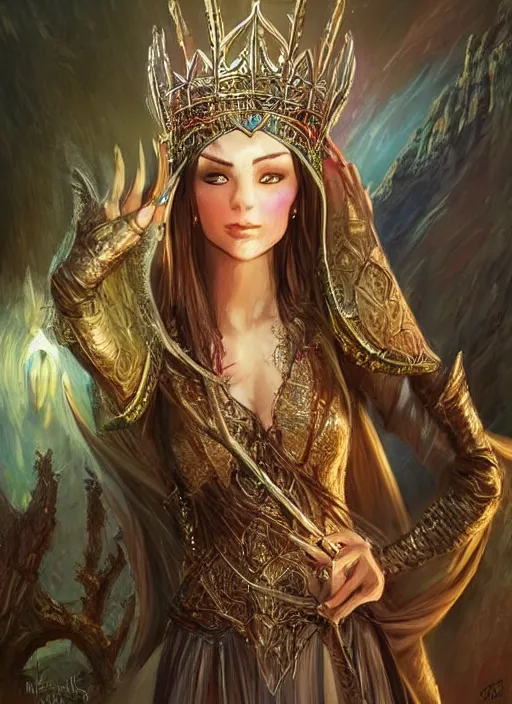 Image similar to elegant beautiful elven queen wearing a crown, ultra detailed fantasy, dndbeyond, bright, colourful, realistic, dnd character portrait, full body, pathfinder, pinterest, art by ralph horsley, dnd, rpg, lotr game design fanart by concept art, behance hd, artstation, deviantart, hdr render in unreal engine 5