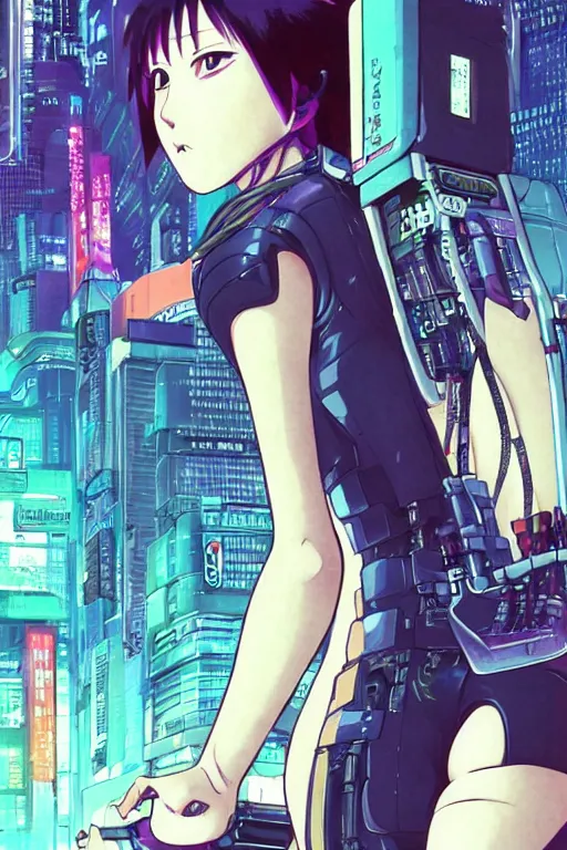Prompt: beautiful cyberpunk anime style illustration of motoko kusanagi seen in a tech labor with her back open showing a complex mess of cables and wires, by masamune shirow and katsushiro otomo, studio ghibli color scheme