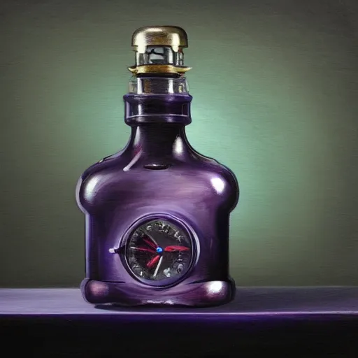 Prompt: a painting of a steampunk potion bottle in dark violet blue on a counter in a dark dusty vintage science lab, by h. r. giger, hyperrealistic fantasy art, concept matte, ethereal, dreamy, digital art, trending on artstation, volumetric cinematic lighting
