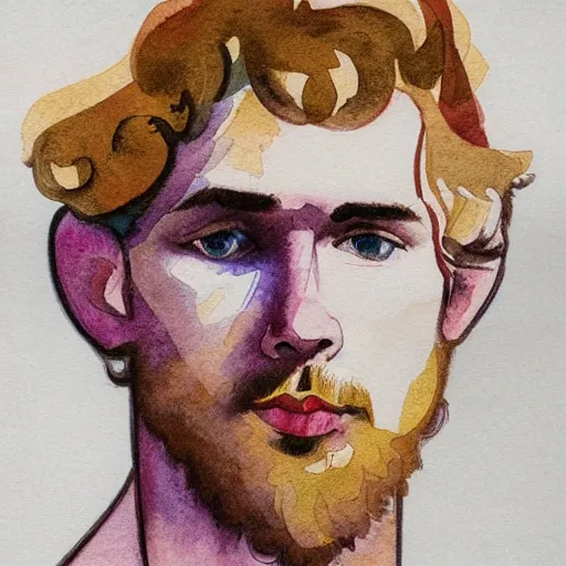 Image similar to abstract experimental watercolor drawing of a young cute handsome beautiful androgynous strawberry blond medium curly hair man in his early 2 0 s wearing a blank maroon t - shirt with grey - blue eyes, by elizabeth peyton and alphonse mucha and vincent van gogh, trending on artstation