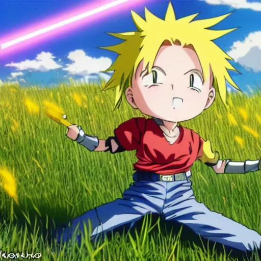 Image similar to “Anime key visual of a young innocent boy with yellow hair and lightning powers in a meadow, detail, 8k, anime, detailed eyes, official media, big eyes, short body, Illustrated by Akira Toriyama, Illustrated by Kohei Horikoshi, official media”