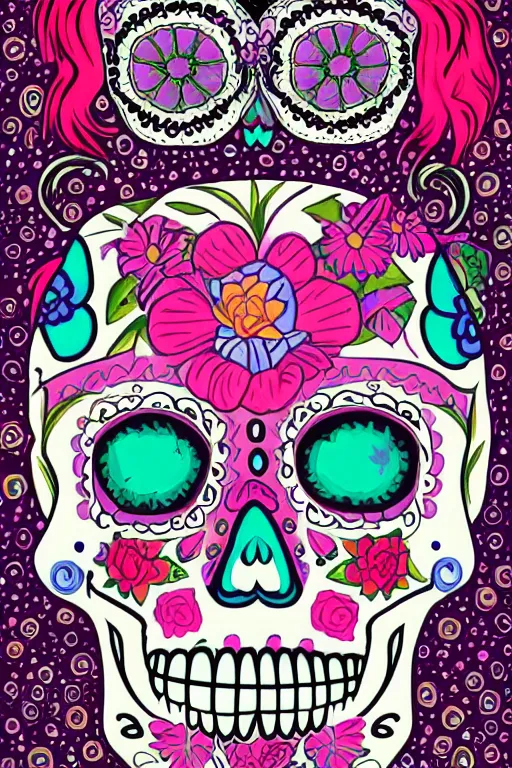 Image similar to illustration of a sugar skull day of the dead girl, art by meow wolf