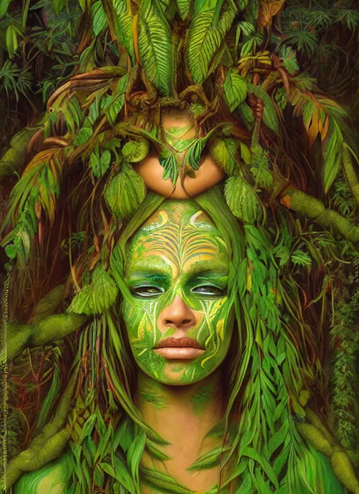 Prompt: the ayahuasca vine plant spirit mixed with the face of an indigenous woman in the jungle, face painted in green, fractals, beautiful colors, matte painting, by christophe vacher