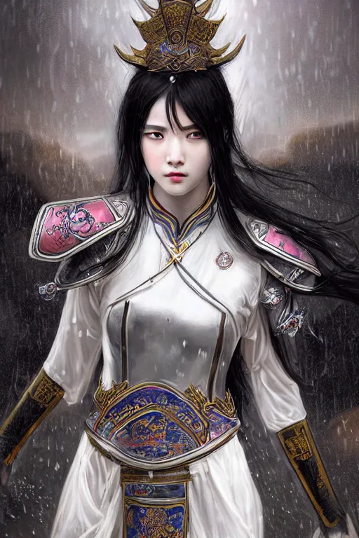 Image similar to portrait black hair young knights of Dynasty Warriors girl, matt white color armor, in ruin chinese temple rooftop heavily rain magic night, ssci-fi and fantasy, intricate and very beautiful and elegant, highly detailed, digital painting, soft light, artstation, concept art, smooth and sharp focus, illustration, art by tian zi and WLOP and alphonse mucha