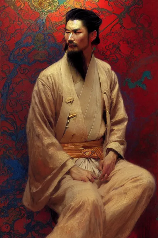 Image similar to attractive man, tang dynasty, cool colors, painting by gaston bussiere, craig mullins, greg rutkowski, alphonse mucha