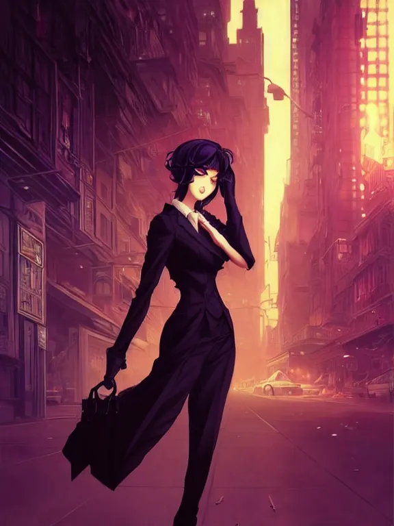 Prompt: full body picture of a mafia madam in the night city, bored, beautiful and aesthetic, intricate, unreal engine, messy hair, highly detailed, detailed face, smooth, sharp focus, chiaroscuro, manga illustration, artgerm, greg rutkowski, ilya kuvshinov, rossdraws, alphonse mucha, young adult light novel cover art