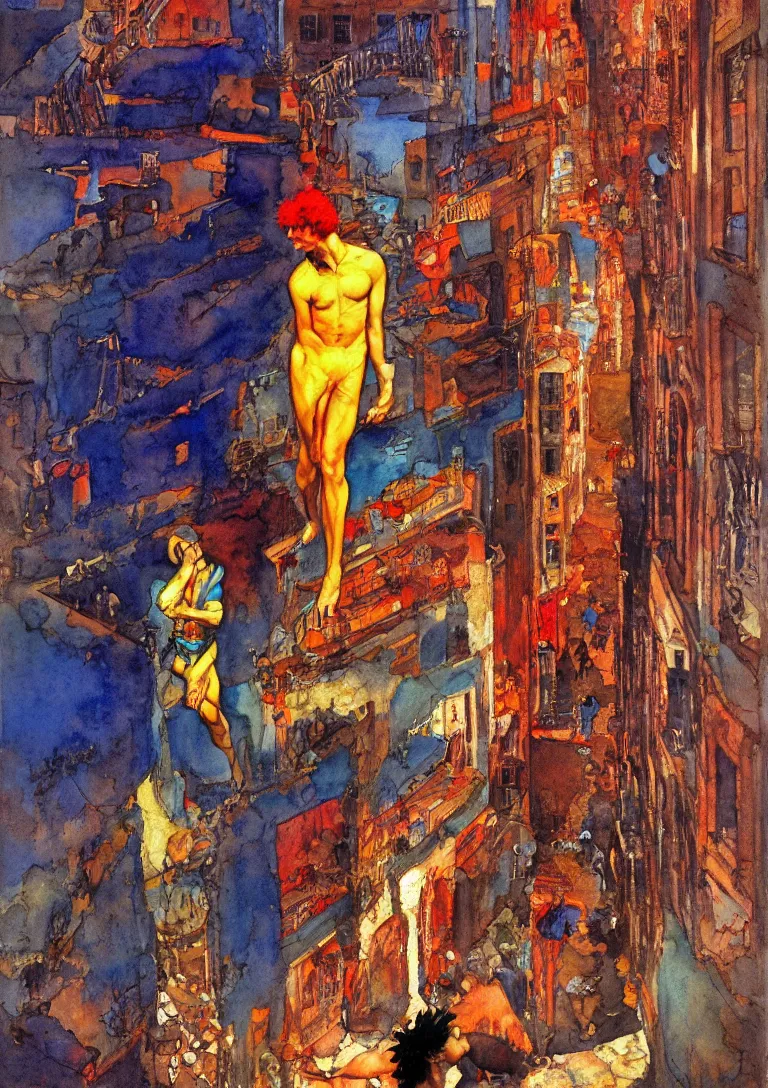 Prompt: vibrant watercolor of a punk latino greek god searching for a watchful light through the streets of a city, complementary color scheme, by george luks, mati klarwein and moebius