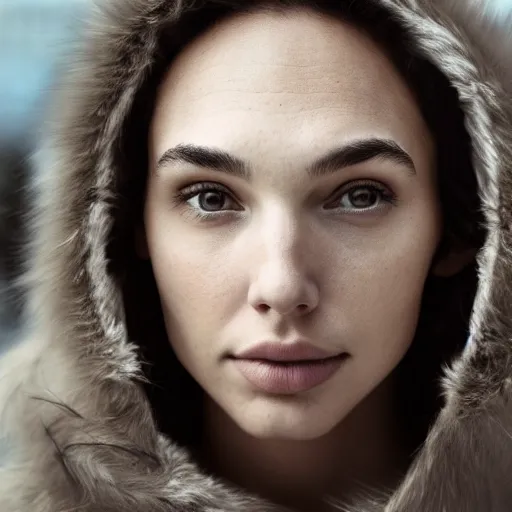 Image similar to a masterpiece portrait photo of a beautiful young woman who looks like an eskimo gal gadot, symmetrical face, random background scene