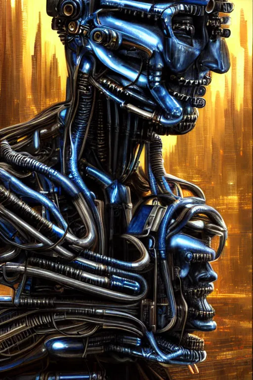 Image similar to an extremely high quality hd, a digital painting of a man's face surrounded by mechanical parts, cyberpunk art by h. r. ( hans ruedi ) giger, featured on cgsociety, afrofuturism, circuitry, tesseract, dystopian art, 8 k, ultra realistic, very realistic