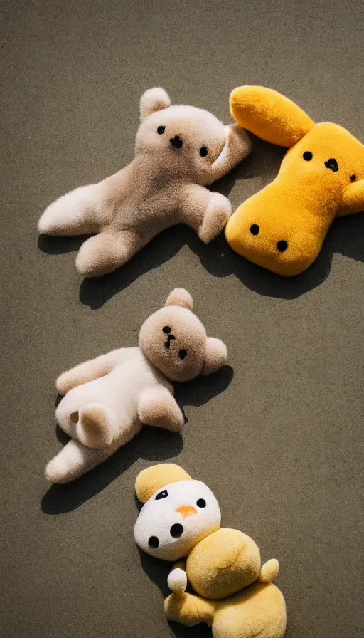 Image similar to 50mm f/2.3 wide shot photograph of two Rilakkuma plushies cuddling floating in midair after a long day, depth of field, dappled in evening light, like an Iwagumi Aquascape by Toshiko Mori, partially submerged hidden in the mist