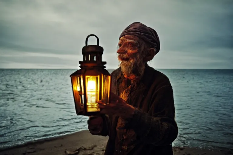 Image similar to closeup old man holding up a lantern on the beach in a pirate ship bay meet to a old wood shack by emmanuel lubezki