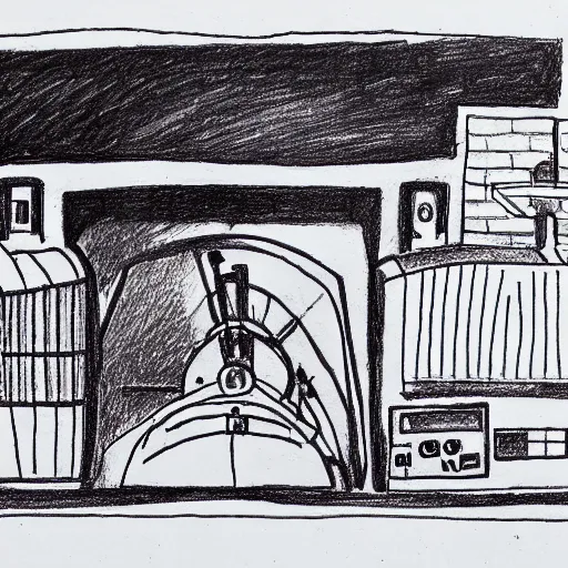 Image similar to very simple bad ballpoint pen line drawing of a furnace with people around it, pen on paper simple drawing by a child, no shading