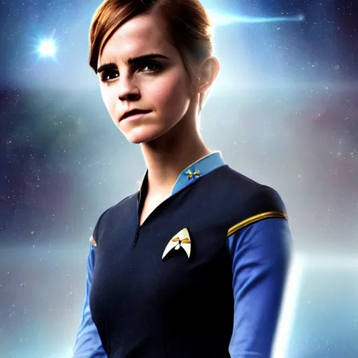 Image similar to a full body portrait of emma watson as a star fleet officer from star trek next generation, ultra rendered extreme realism and detail, 8 k, highly detailed, realistic, completely framed, hyper realistic, colorful, direct lighting, 3 5 mm photo, photorealistic, sharp focus