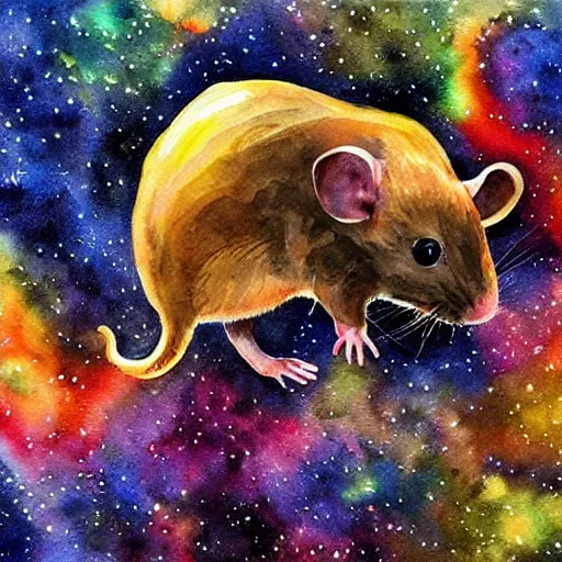 Prompt: rats in space. watercolor. vibrant. amazing painting. beautiful. high resolution. highly realistic. cool tones. close - up.