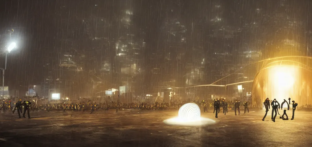 Image similar to policemen protect a huge spiral - shaped luminous object right in the center of the city from protesting crawd, night, rain and light fog, professional lighting, concept art in 3 d, high detail, professional lighting