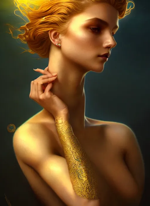 Image similar to a beautiful cinematic female sand goddess, golden tatto, galatic shamen with Quantum energy fantasy, fantasy magic, undercut hairstyle, dark light night, intricate, elegant, sharp focus, illustration, highly detailed, digital painting, concept art, matte, art by WLOP and Artgerm and Greg Rutkowski and Alphonse Mucha, masterpiece