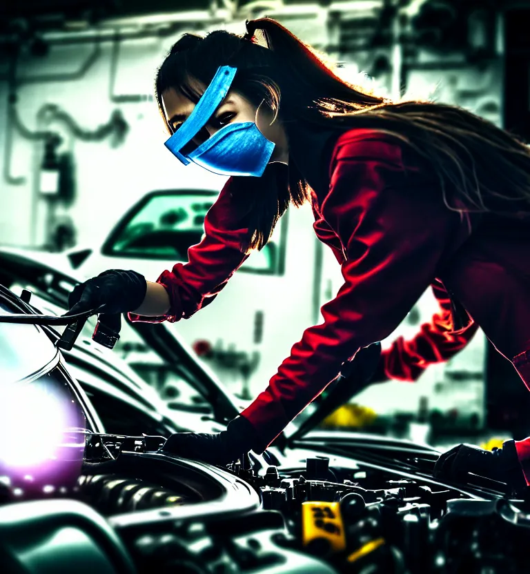 Prompt: a photo close up a female mechanic working on engine of a cyberpunk car,, wearing mask, cyberpunk garage, cyberpunk gunma prefecture, midnight, photorealistic, cinematic color, studio lighting, highly detailed, bokeh, style by tomino - sama