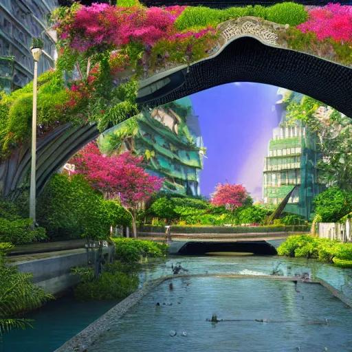 Prompt: Paradise, bridges over canals with fountains with lush flowers and vegetation, Sci-Fi, Artstation, Zaha Hadid, 4K , Maya render, epic cinematography, dappled sun and shadows, raytracing