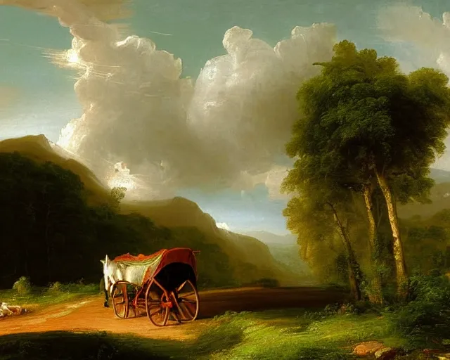 Prompt: a painting of a covered wagon traveling down a road, lush countryside, early morning, masterpiece by thomas cole