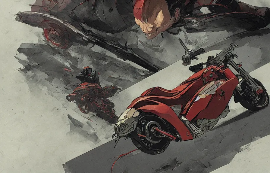 Prompt: Iconic Akira motorcycle slide, by Greg Rutkowski and Dave McKean, animation, hand drawn