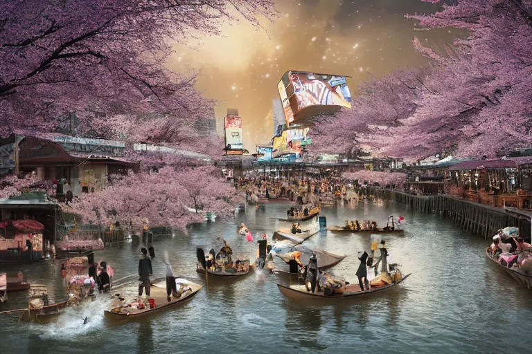 Prompt: floating markets of times square river in kyoto kamo river during sakura season on thermal waters flowing down white travertine terraces during interstellar aurora borealis, gold waterfalls, vendors, festivals, fun, by peter mohrbacher, james jean, james gilleard, greg rutkowski, vincent di fate, rule of thirds, octane render, beautiful landscape