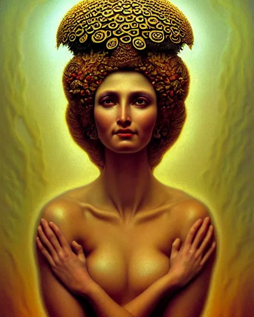 Image similar to portrait of the goddess of fungi, unusual beauty, emotionally evoking symbolic metaphors, head in focus, fantasy, ornamental, intricate, elegant, sensual, highly detailed digital painting, artstation, concept art, painterly, golden ratio, sharp focus, illustration, art by John William Godward and Boris Vallejo and Zdzisław Beksiński,