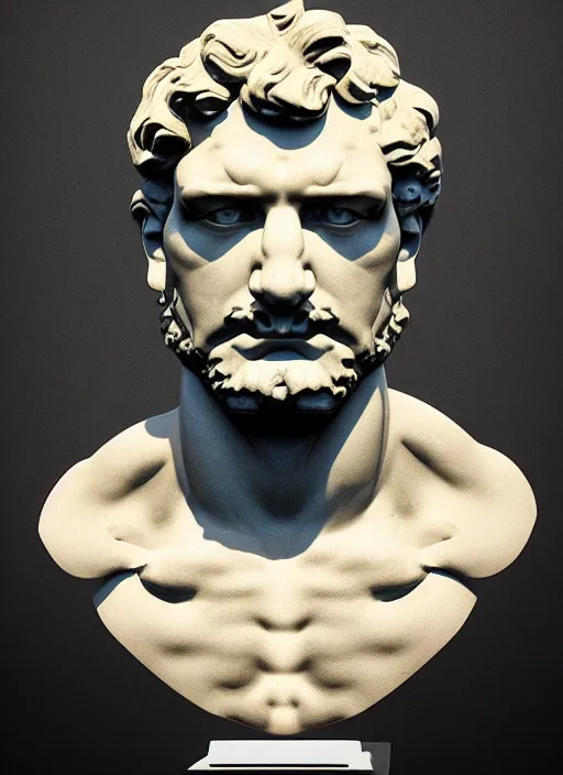 Prompt: bust of hercules, beeple, mike mignola, vaporwave, retrowave, black background, neon wiring, black, glitch, strong contrast, cuts, pinterest, trending on artstation