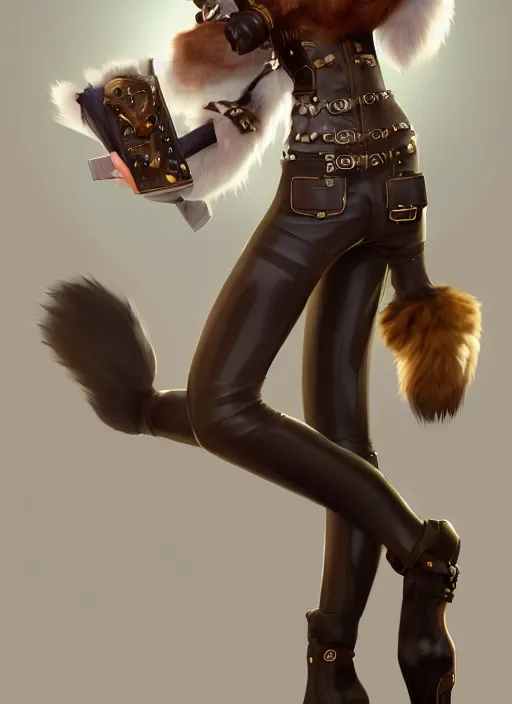 Image similar to wide angle beautiful full body portrait of a strong female anthropomorphic anthro lynx fursona wearing a steampunk leather pants. from behind, paw pads, character design by disney, anime, manga, charlie bowater, ross tran, artgerm, and makoto shinkai, detailed, soft lighting, rendered in octane, white fur, white lynx face