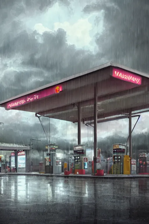 Prompt: a highly detailed matte painting of a single gas station with a sign in lightning storm and heavy rain by studio ghibli, makoto shinkai, by artgerm, by wlop, by greg rutkowski, volumetric lighting, octane render, 4 k resolution, trending on artstation, masterpiece