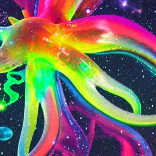 Prompt: rainbow cosmic volumetric lights squid